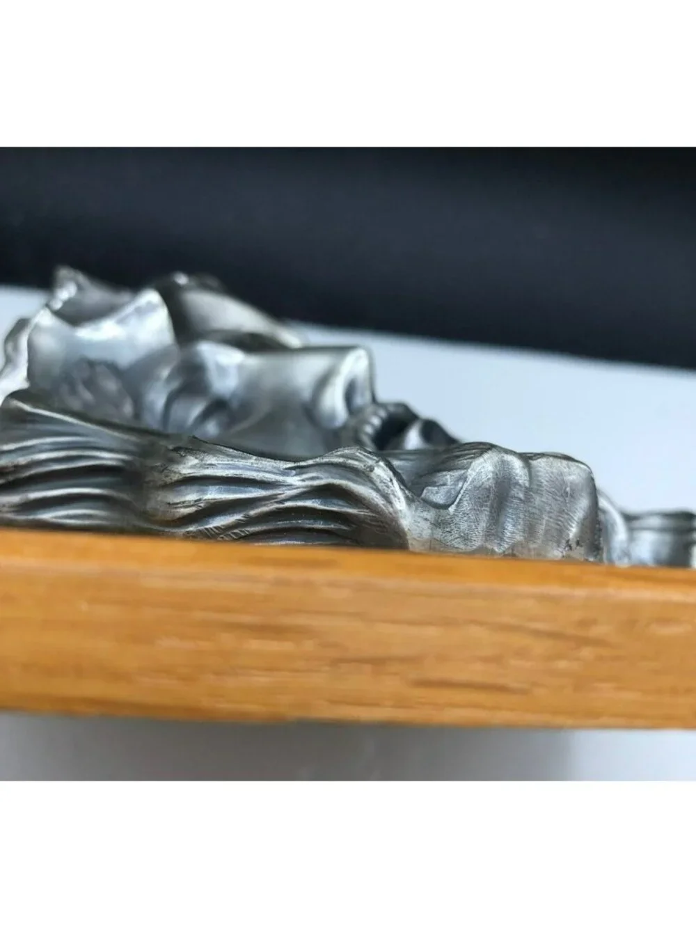 Vintage Jesus wearing Crown of Thorns Pewter on Solid Oak Wall Plaque. 7 x 7 x 3